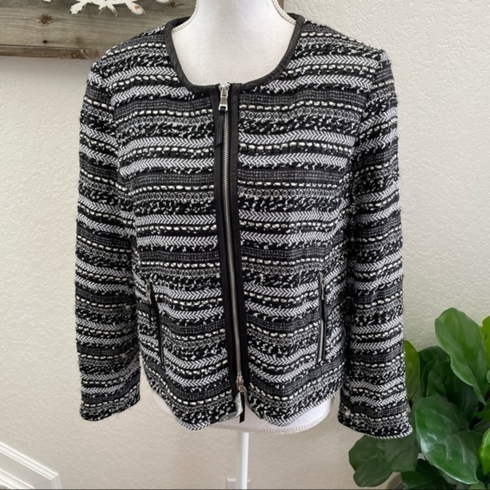 Milly black textured wool blend leather trim blazer jacket size 12 NWT